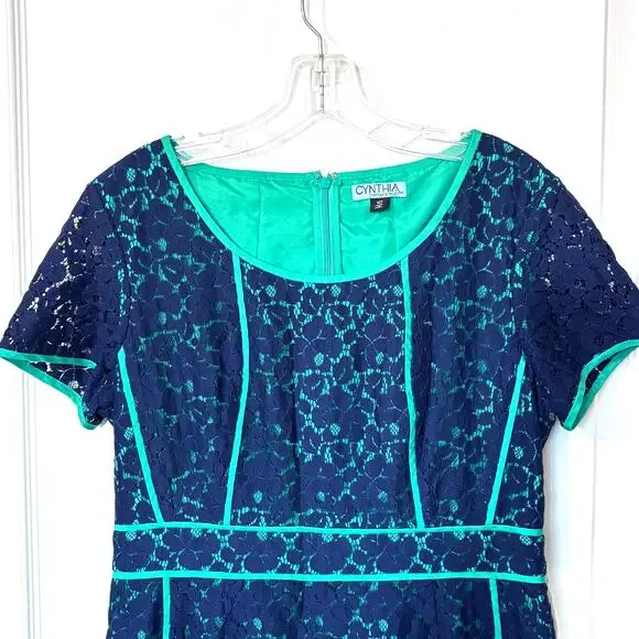Cynthia Rowley Wms 10 Short Sleeve Blue Green Lace Floral Overlay Sheath Dress - Picture 4 of 9
